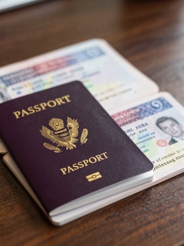Close-up of verified passport documents and legal visa certificates on a clean dark wooden desk, soft warm lighting, professional atmosphere.