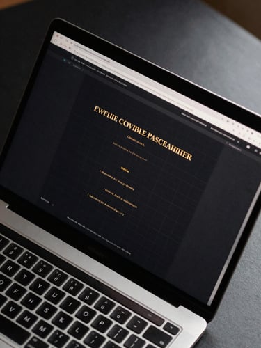 Tight overhead close-up of a laptop screen displaying a dark-mode website interface with precise grid layout and gold typographic accents, the screen surface reflecting cool studio strobe light from the upper right, keyboard partially visible at bottom frame edge, matte black desk material, no people, no legible text, high contrast, architectural framing