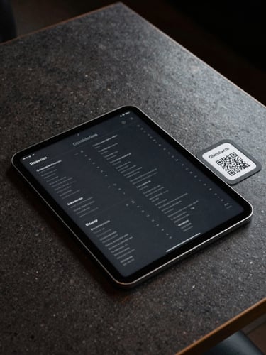 Wide-angle overhead view of a dark restaurant table with a tablet device displaying a clean dark-mode digital menu interface, QR card beside it, ambient low restaurant lighting casting precise shadows, overcast-style even illumination on the device screen, no people