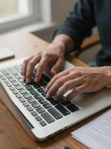 Close-up overhead of hands typing on a laptop keyboard on a wooden desk, a printed project brief with handwritten notes beside it, daylight from a window to the left, shallow depth of field, warm natural tones