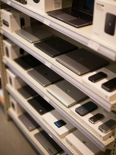 Close-up overhead view of a retail shelf stocked with boxed electronics — laptops, external drives, and accessories in orderly rows under warm task lighting, product labels visible, no people