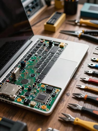 Close-up environmental shot of a repair workbench during business hours, a laptop open with its back panel removed and internal components exposed, task lighting casting sharp shadows across the circuit board, tools laid out in an ordered row along the right edge of the frame