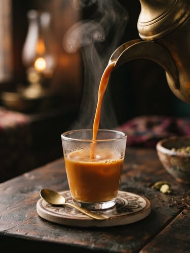 Warm editorial food photography, close-up of steaming hot karak tea being poured into a small glass cup, rich amber color, rising steam, moody low-key lighting, shallow depth of field, 35mm