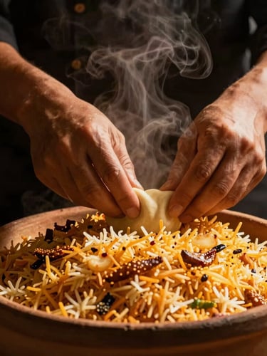 Moody close-up of a chef breaking the dough seal on a steaming clay pot of biryani, warm golden light, rising steam, editorial 35mm
