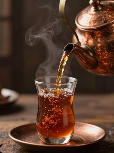 A steaming glass of spiced karak tea being poured from a traditional copper kettle, beautiful stream of tea, warm low-key lighting, shallow depth of field
