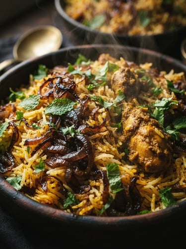 Close-up textured shot of steaming Dum Biryani with caramelized onions and fresh mint, warm editorial food photography, moody low-key lighting, 35mm