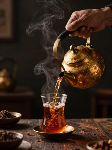 A chef pouring hot, steaming spiced karak tea from a traditional brass kettle into a glass, warm golden-hour glow, moody low-key lighting, 35mm