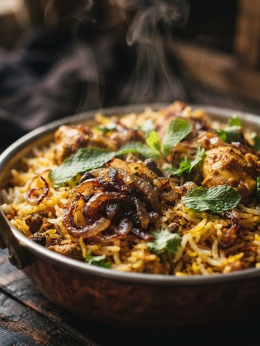 Close-up textured shot of steaming Dum Biryani with caramelized onions and fresh mint, moody warm lighting, shallow depth of field, 35mm