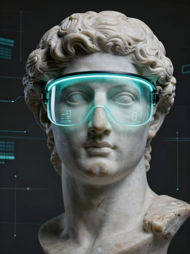 A classical marble head with a glowing neon visor projecting data streams, surrounded by subtle digital grid lines, dark synthwave aesthetic.