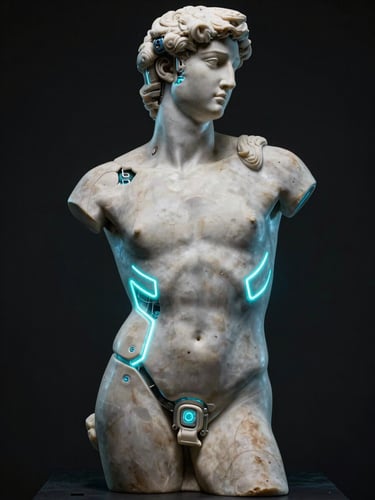 Medium shot of a classical marble torso integrated with glowing cybernetic implants and mechanical arms, illuminated by cyan neon lights against a deep obsidian background.
