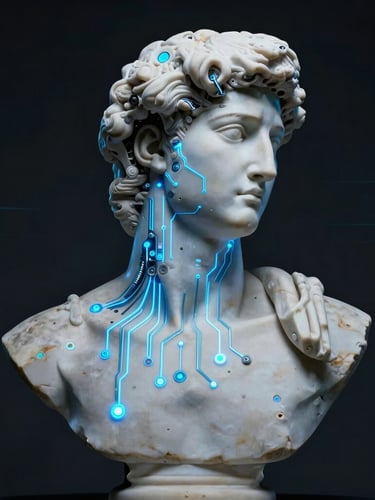 Cinematic medium shot of a classical white marble Greek bust fused with glowing neon-blue circuits and cybernetic implants, dark background with subtle cyan grid lines, cinematic chiaroscuro lighting.