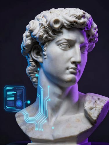 Dramatic close-up of a white marble Greek bust fused with glowing neon-blue circuits and holographic UI panels, dark-room chiaroscuro, neon purple rim light.
