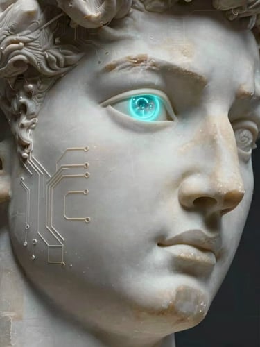 Close-up of a classical marble sculpture's face, one eye replaced with a glowing neon-cyan cybernetic aperture, intricate circuit lines etched into the stone cheek. Dark obsidian background with subtle digital grid lines.