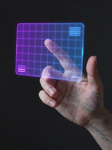 Close-up of a marble hand reaching toward a floating holographic interface grid, glowing purple and blue neon reflections, dark cinematic lighting.
