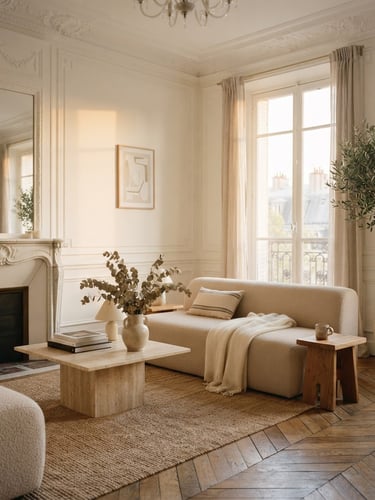 Warm editorial interior photography, soft natural golden-hour light illuminating a high-ceilinged Parisian apartment with delicate stucco details, minimalist furniture in neutral tones, 35mm.