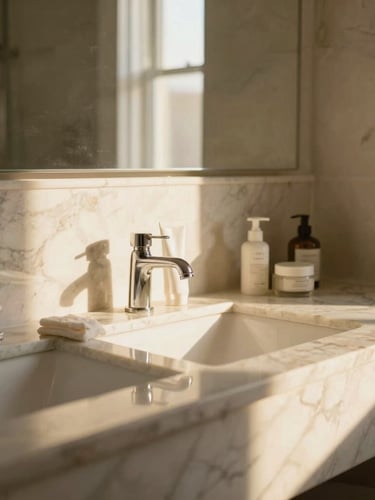 Sun-drenched marble bathroom counter with luxury amenities, soft golden-hour light, elegant neutral tones, 35mm