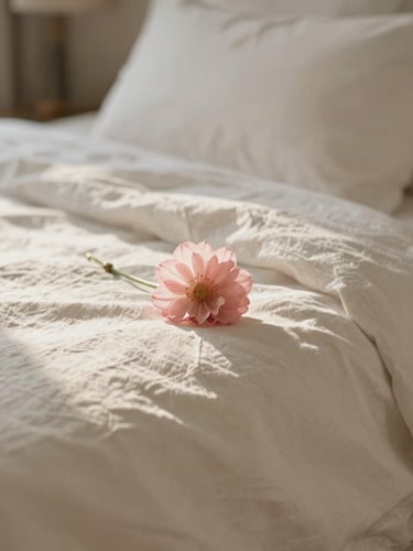 Close-up of premium white linen and a delicate pink flower on a beautifully made bed, soft morning light, shallow depth of field, warm neutral tones