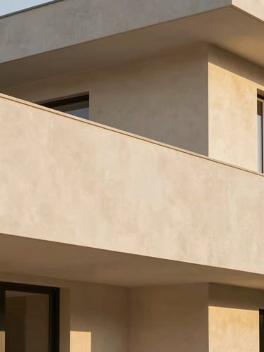 Architectural detail of a modern luxury villa in Italy, clean lines, warm plaster walls, soft natural light, 35mm