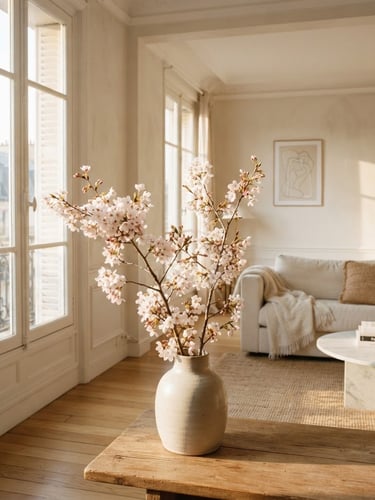 Portrait framing of a sun-drenched Parisian apartment interior, warm morning light streaming through tall French windows, elegant neutral-toned minimalist decor, delicate cherry blossom branch in a ceramic vase in the foreground, shallow depth of field, 35mm.