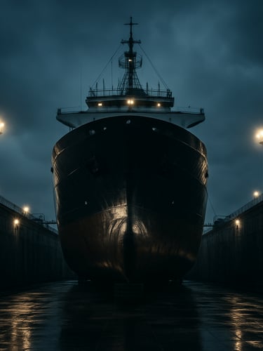 A massive cargo vessel docked in a drydock at dusk, dramatic industrial floodlights reflecting off the wet hull, dark overcast sky, deep ocean blue tones, high-contrast 35mm photography.