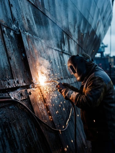 Dramatic close-up of high-contrast industrial welding on a massive steel hull, bright sparks flying against dark steel plates, deep ocean blue casting, high-contrast 35mm maritime photography.