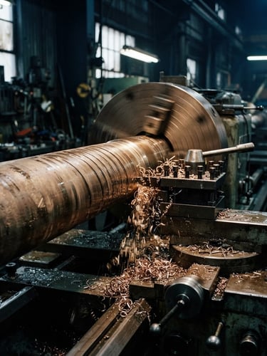 Close-up of a massive bronze marine propeller shaft being machined on a heavy industrial lathe, bright steel shavings, high-contrast industrial workshop lighting, dramatic 35mm