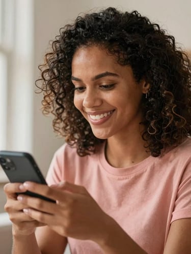Warm editorial portrait of a Brazilian woman smiling while messaging on her phone, soft natural daylight, blush and terracotta tones, shallow depth of field, 35mm