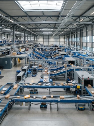 Wide shot of a modern, clean logistics hub with automated sorting systems, bright neutral daylight, cool slate and blue tones, sharp focus, editorial style.
