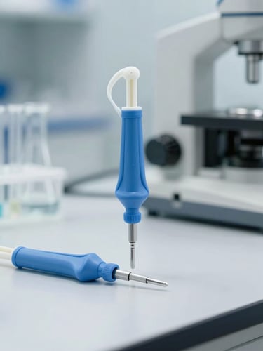 Modernes Labor mit Pipetten und Reagenzgläsern, kühle Beleuchtung, scharfer Fokus, wissenschaftliche Präzision.