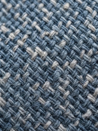 Macro shot of high-quality organic cotton textile weave, raw natural fibers, bright neutral daylight, cool slate and blue tones, sharp focus, editorial style