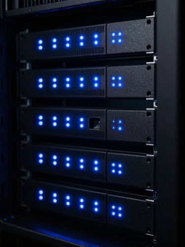 Close-up of a cleanly organized server rack with glowing blue LED status lights, high contrast, deep charcoal shadows