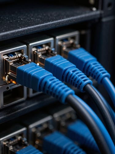 Neatly routed blue and black network cables in a server rack, sharp macro focus, moody low-key lighting with deep charcoal tones.