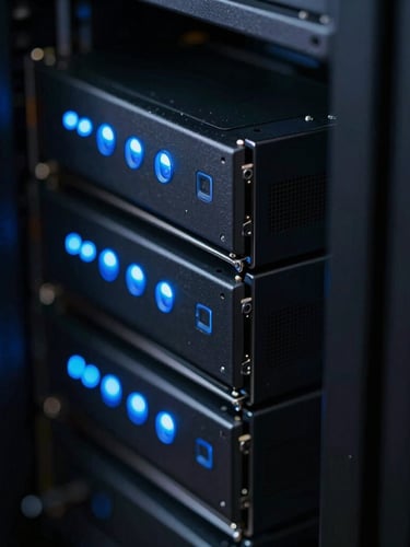 Close-up of clean server hardware with glowing electric blue status lights, dark moody atmosphere, sharp macro focus.