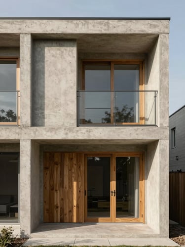Straight-on architectural elevation of a concrete and timber residential build, natural side-lighting casting sharp shadows, warm neutral tones, 35mm lens