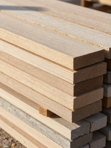 Close-up of raw construction materials, stacked textured timber and concrete blocks on-site, warm natural daylight casting deep shadows, architectural detail focus