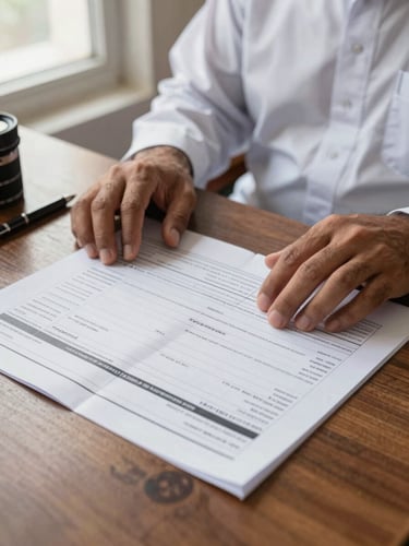 Medium shot of a pilgrim's hands resting open on a printed Hajj registration document on a wooden desk, natural window light from the left illuminating the paper details, a pen resting beside the document
