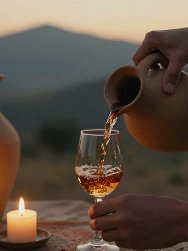 Intimate close-up of hands pouring amber wine from a traditional clay qvevri, warm candlelight, rich earthy tones, shallow depth of field