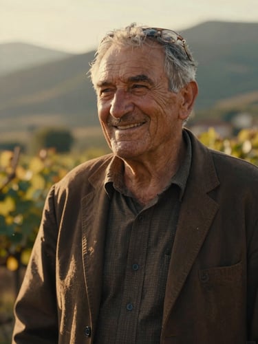 Cinematic portrait of an elderly Georgian winemaker smiling warmly, sun-drenched golden hour lighting, shallow depth of field, 35mm film aesthetic