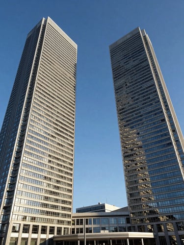 Wide-angle architectural view of the modern Paseo de la Castellana towers in Madrid, crisp daylight, sharp geometric shadows, institutional blue sky.
