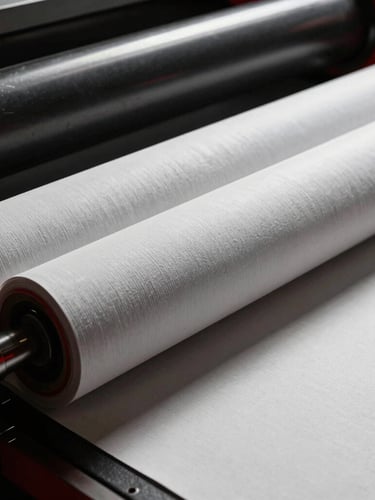 High-contrast macro photograph of industrial print rollers feeding thick textured paper stock, sharp shadows, technical precision, cool studio lighting with red highlights