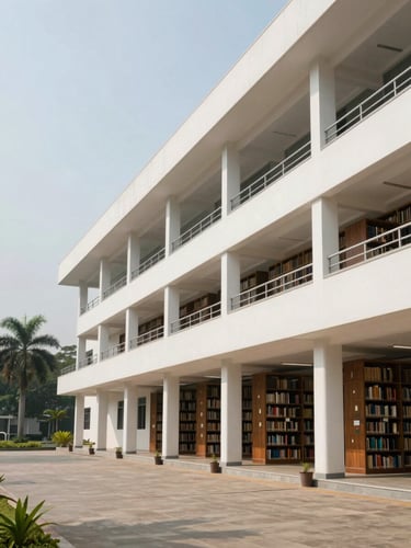 Wide architectural shot of a modern private university campus library in Tamil Nadu, clean lines, natural tropical daylight, negative space on the left