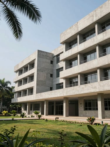 Wide architectural shot of the modern campus library at a premier private university in Coimbatore, sunlit concrete facades, tropical greenery, clean geometric lines.