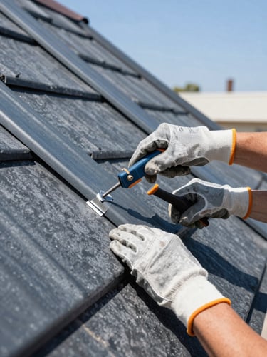 Close-up of a roofer's hands installing metal flashing with precision tools on a steep roof pitch, bright California sunlight, sharp focus on the detail, clean branded gloves.