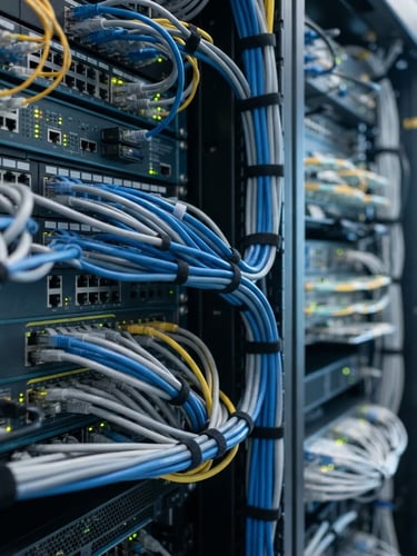 Close-up of neatly organized network cables in a server rack, cool-toned indoor lighting, sharp focus, 35mm lens.