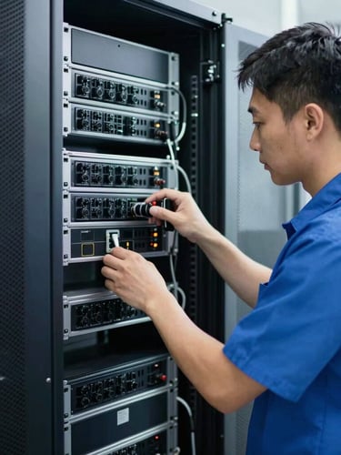 Technet technician in clean uniform working on an organized server rack, cool-toned indoor lighting, sharp focus, 35mm lens.