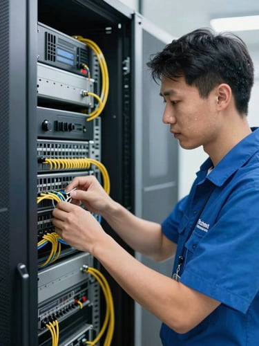 Portrait-oriented shot of a Technet International, Inc. technician in a clean uniform, working on an organized server rack, focused on precise cable management, cool-toned indoor lighting, 35mm lens.