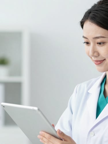 Portrait of a professional female doctor in a white coat looking at a tablet with a gentle smile, bright clean clinic background, shallow depth of field.