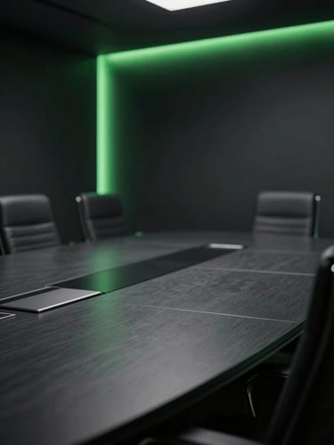 Close-up of a dark, empty executive boardroom, dramatic chiaroscuro lighting, sharp green neon accent lines along the wall, deep graphite tones, highly confidential atmosphere