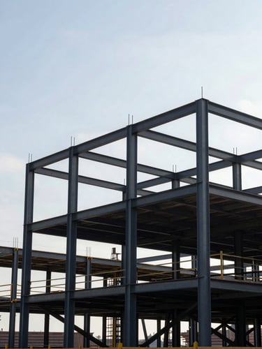 Crisp wide-angle architectural photograph of active commercial construction site, structural steel framing rising against a cool overcast morning sky, high-contrast structural details, deep slate and steel tones.