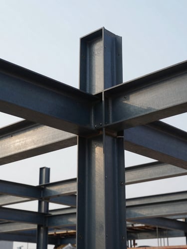 Macro close-up of structural steel joints and framing on an active commercial construction site, crisp morning light highlighting technical geometry